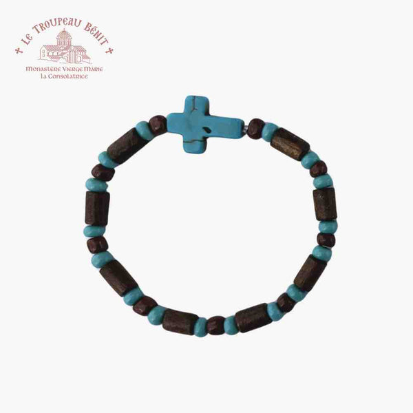 Children's Christian Orthodox bracelet with beads in turquoise and brown colors with Troupeau Benit logo in the top right corner