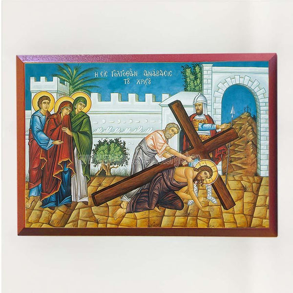 Christ carrying the Cross, contemporary byzantine orthodox icon custom made by the sisters of monasterevmc.org| Le Christ qui porte Sa croix, icône byzantine orthodoxe fabriquée par les soeurs du monasterevmc.org
