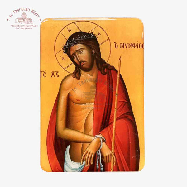 Icon of Christ with a red robe and crown of thorns on an orange background and visible branding of 'Troupeau Benit' logo in the top left corner