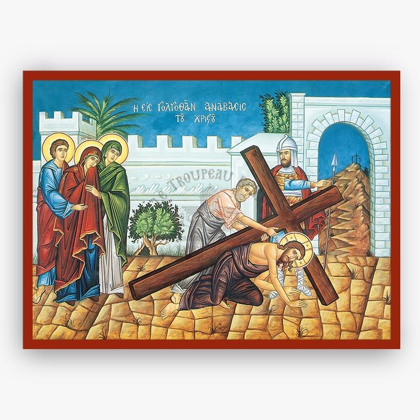 Iconographic depiction of a religious scene with figures and a cross, framed in red.