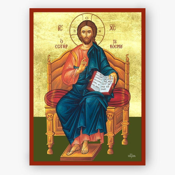 Icon of a religious figure sitting on a throne with a red border