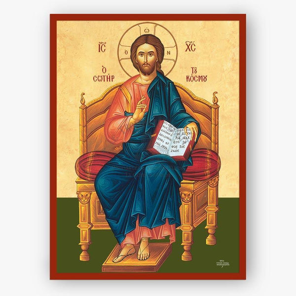 Icon of a religious figure sitting on a throne with a red border