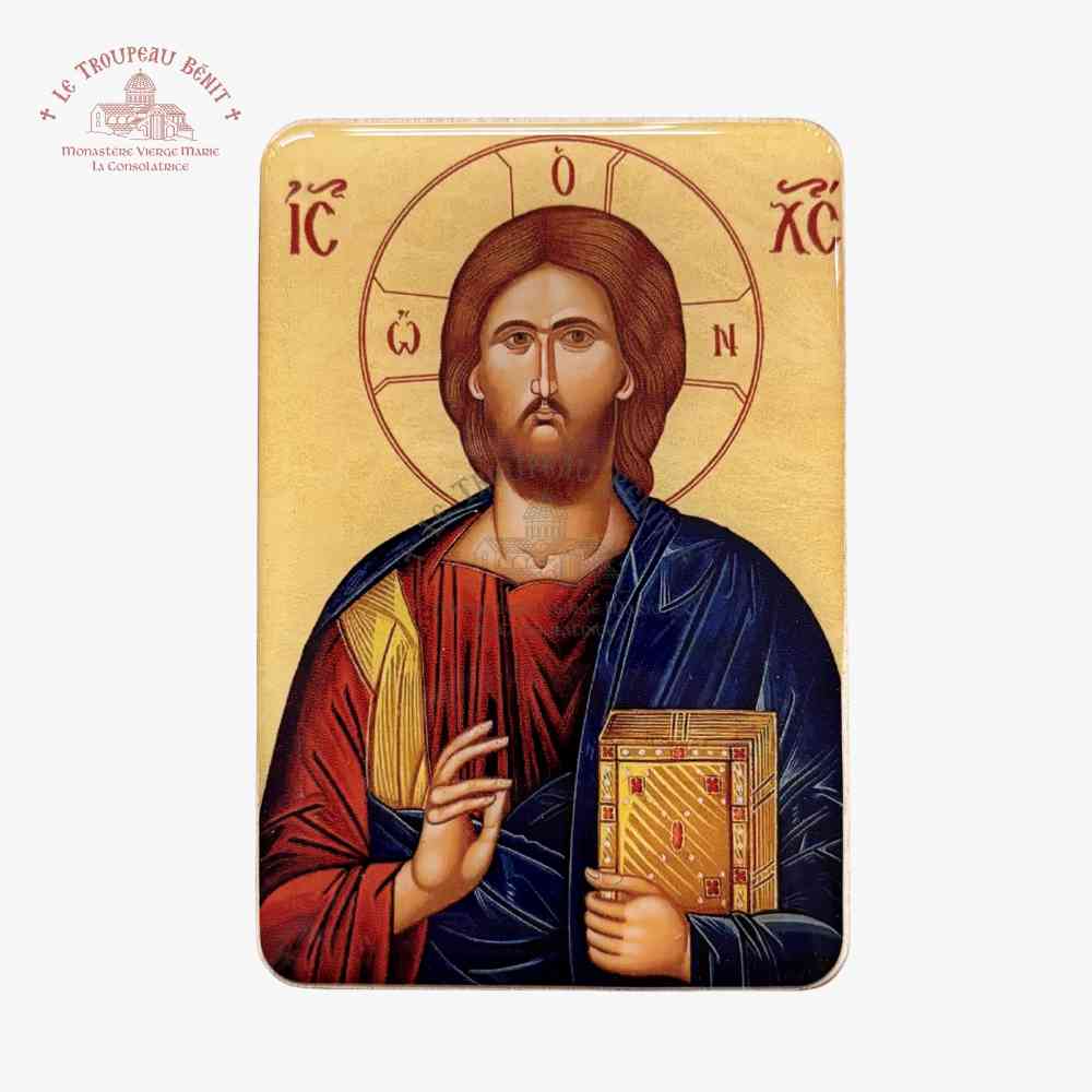 Icon of Christ holding the Gospel with decorative elements on a beige background with 'Troupeau Benit' logo branding in the top left corner