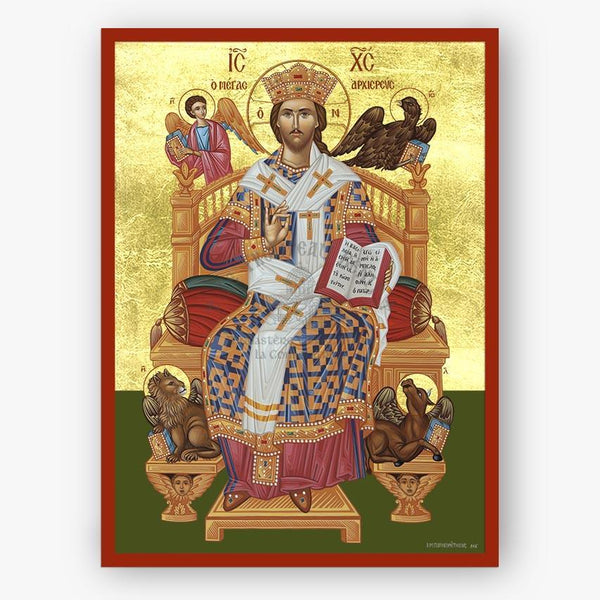 Icon of Christ the Great Hierarch on a throne with gold and red frame