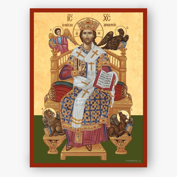 Icon of Christ the Great Hierarch on a throne with the 4 Evangelists with gold and red frame