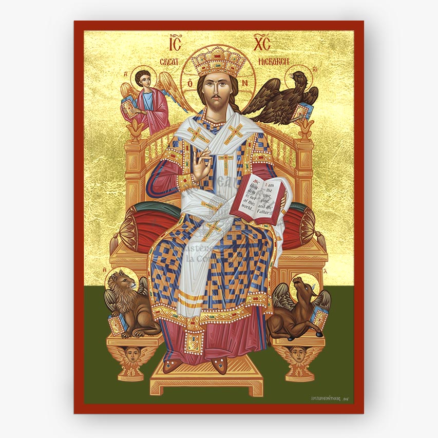 Icon of Christ the High Priest on a throne with gold and red frame