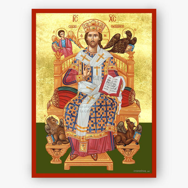 Icon of Christ the High Priest on a throne with gold and red frame