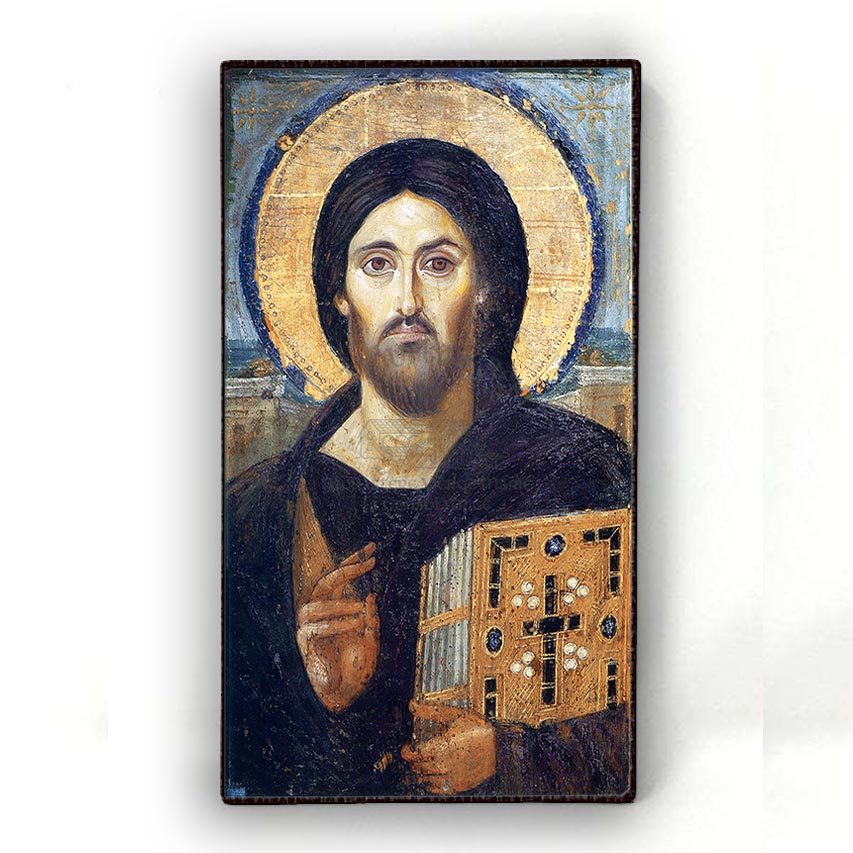 Painted icon of Christ Pantocrator of Sinai with a halo on a white background