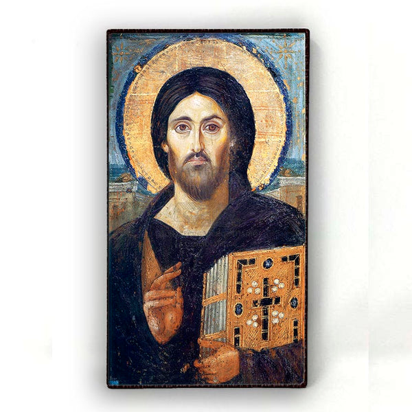 Painted icon of Christ Pantocrator of Sinai with a halo on a white background