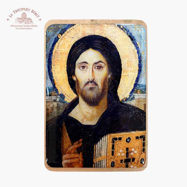 Icon of a religious figure with a halo on a white background with 'Troupeau Benit' logo branding