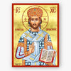 Icon of Christ the Great Hight Priest with ornate clothing and symbols on a gold background
