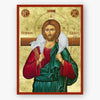 Icon of Christ the Good Shepherd, holding a cross with ornate gold and red frame.