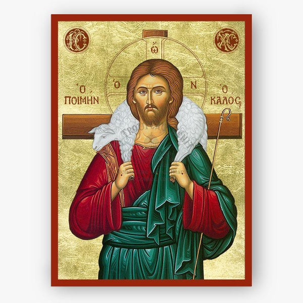 Icon of Christ the Good Shepherd, holding a cross with ornate gold and red frame.