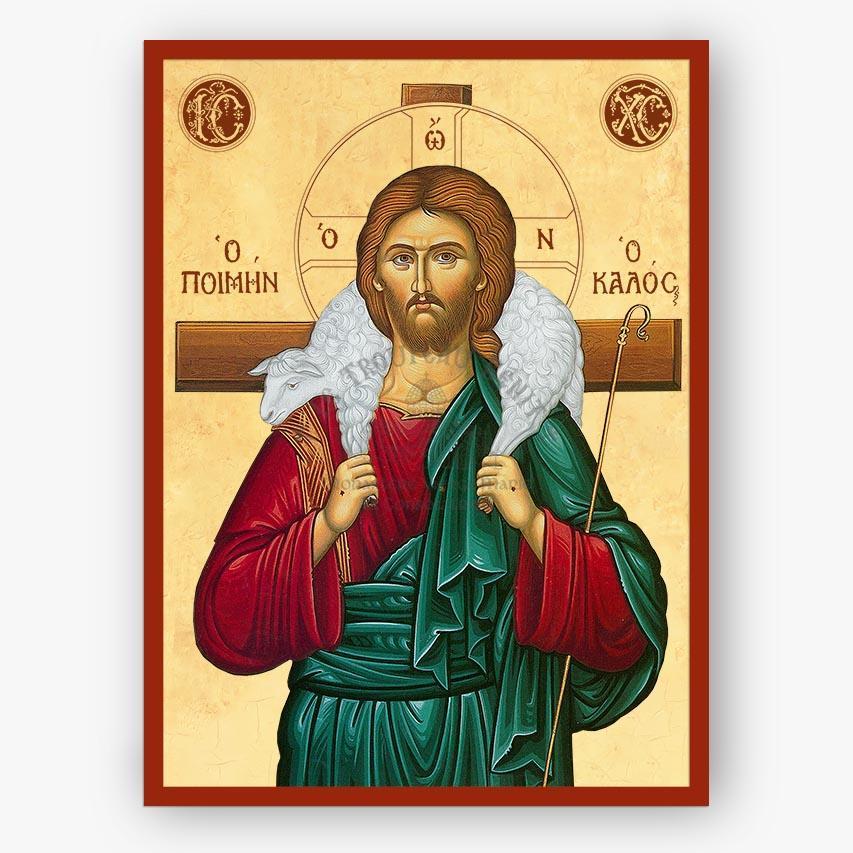 Icon of Christ the Good Shepherd, holding a staff and wearing a red and green robe on a gold background.