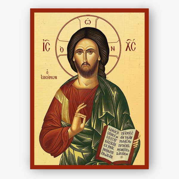 Icon of Christ the Merciful holding a book on a beige background