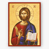 Icon of Christ the Teacher holding a book on a beige background
