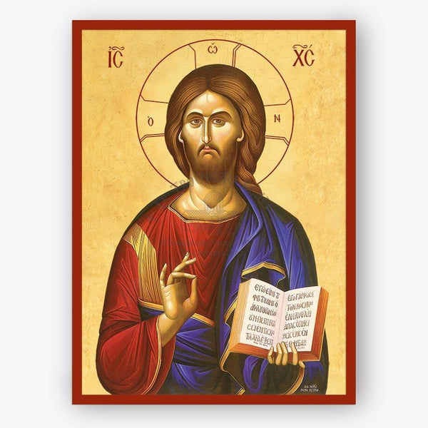 Icon of Christ the Teacher holding a book on a beige background