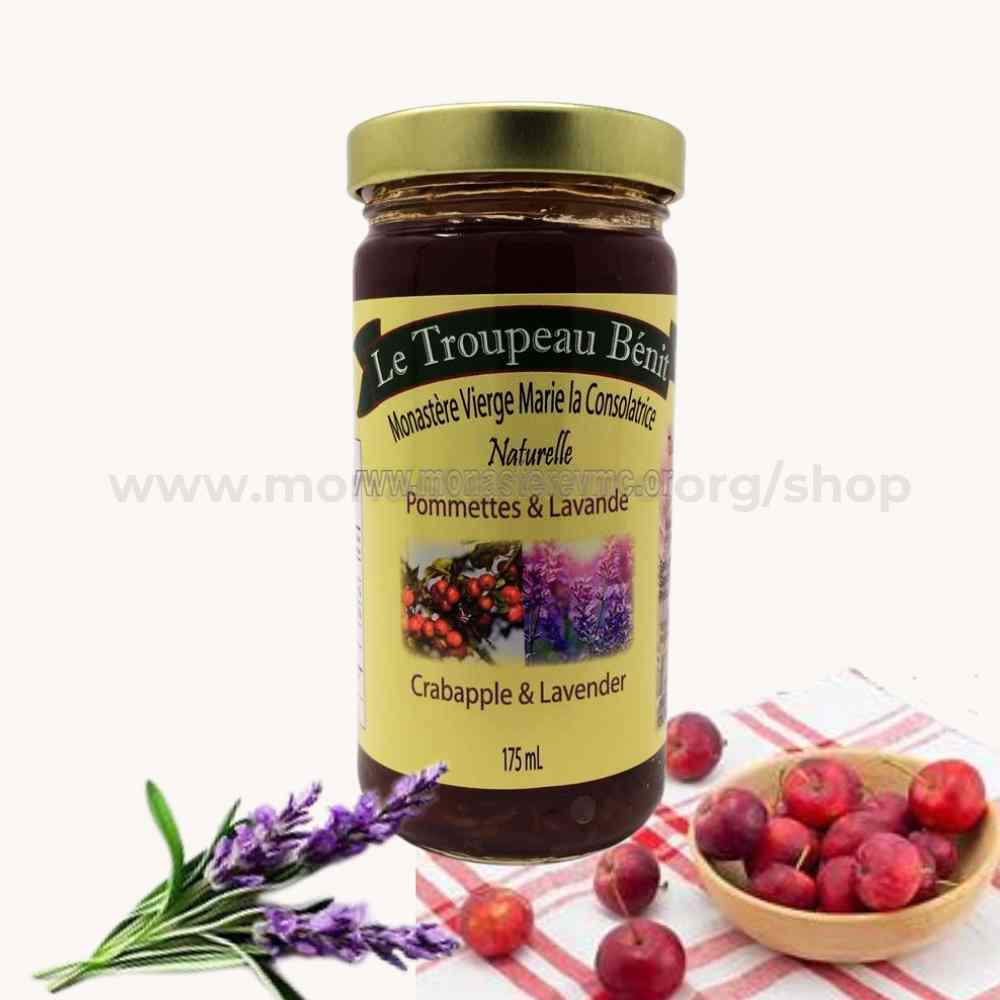 A jar of Crabapple & Lavender Jam with a label showing the brand 'Le Troupeau Beni', along with images of crab apples and lavender.