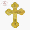Decorative yellow cross with engraved text on a white background with "Troupeau Benit" logo branding