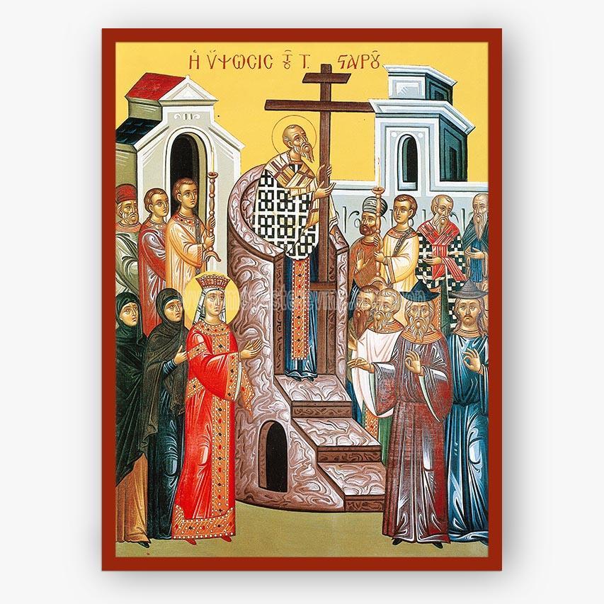 Iconographic depiction of a religious scene with figures around a cross, set against a colorful background.