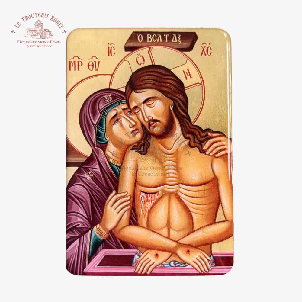 Icon of the Theotokos embracing Christ, with a gold border and visible branding of 'Troupeau Benit' logo in the top left corner