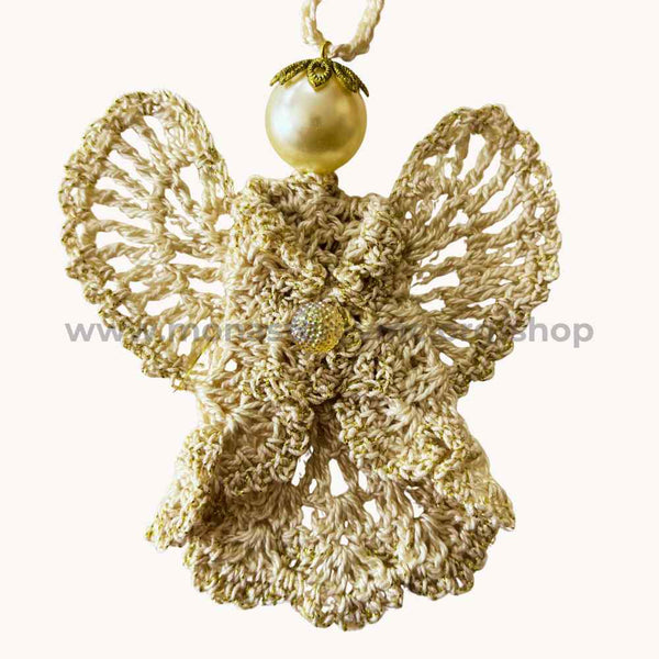 Gold angel ornament with pearl on a white background