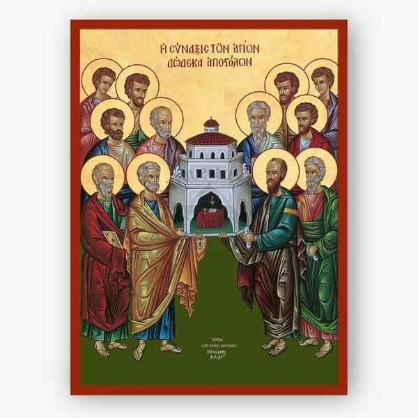 Icon of religious figures with a central building, framed by a red border.