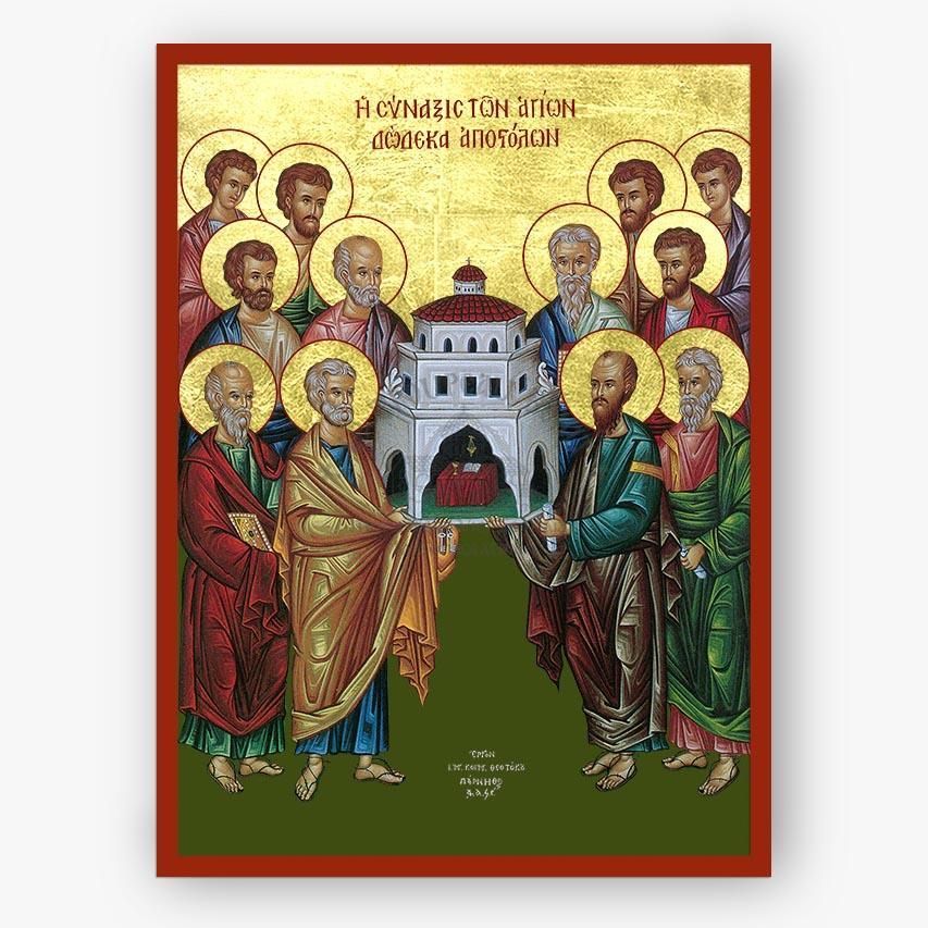 Icon of religious figures with a central building, framed with gold and red border.