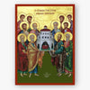 Icon of religious figures with a central building, framed with gold and red border.