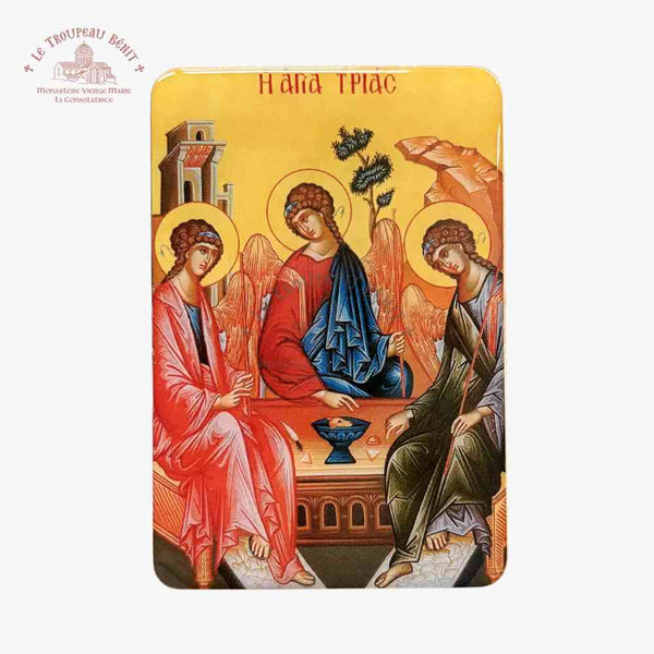 Decorative panel with religious iconography featuring the Hospitality of Abraham, likely from a religious text or artwork with 'Troupeau Benit' logo branding