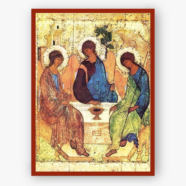 Icon of the Holy Trinity with a red border on a white background