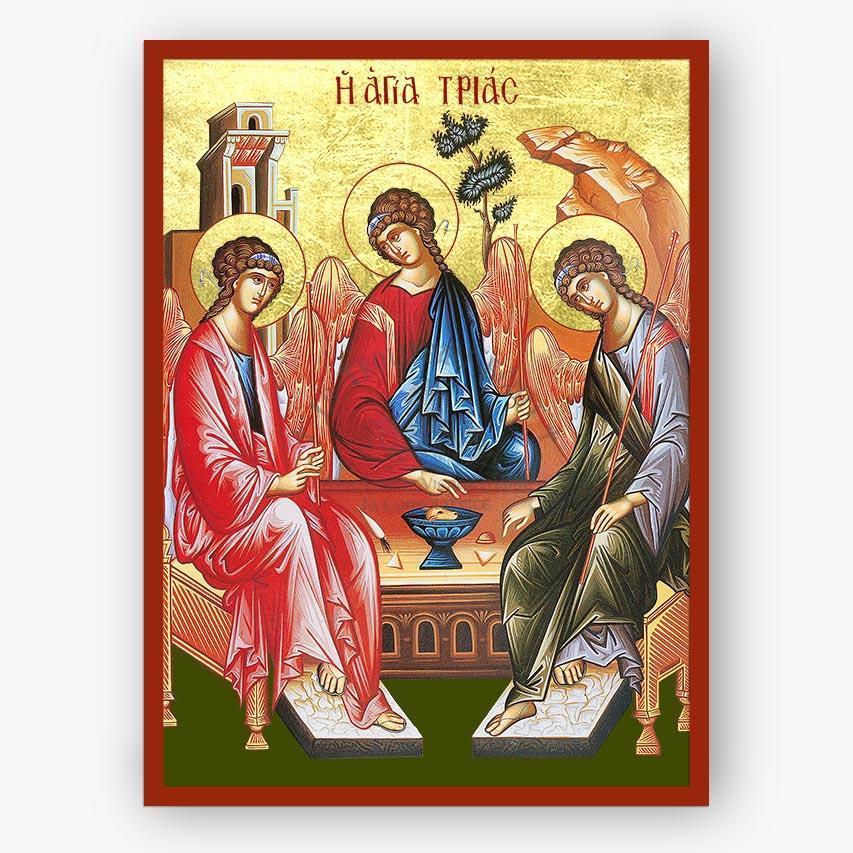 Icon of the Holy Trinity with a red border on a white background