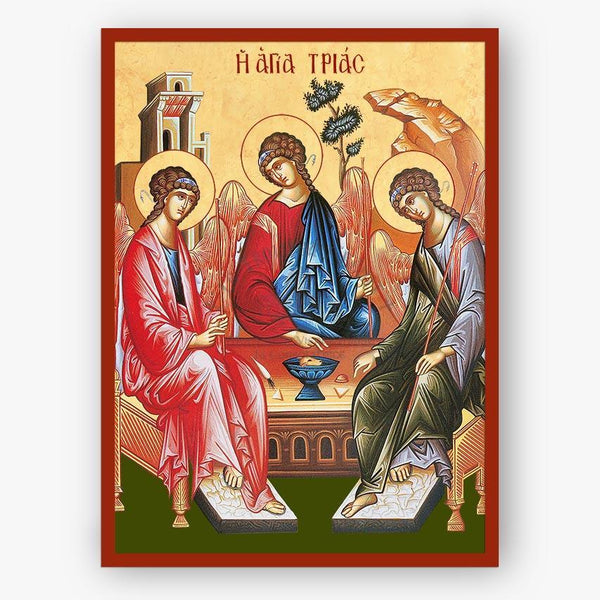 Icon of the Holy Trinity with a red border and gold background
