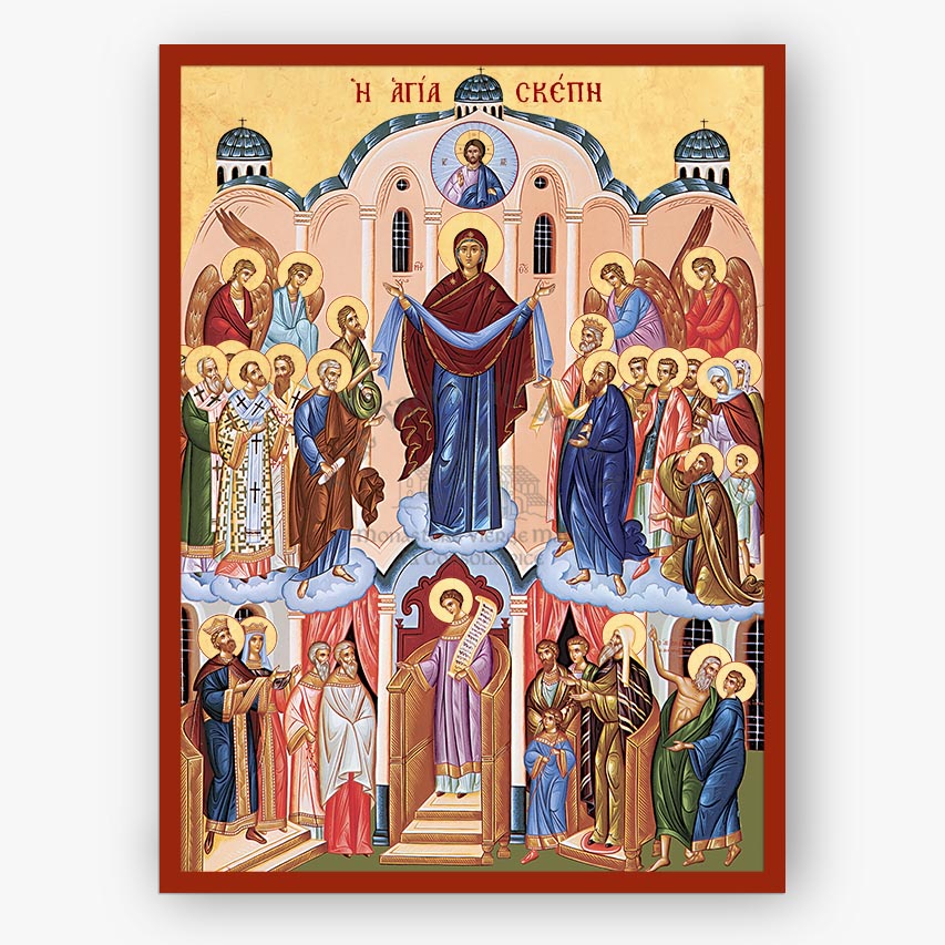 Holy Protection of the Theotokos icon depicted surrounded by Angels and Saints and St. Andrew of Crete in the bottom right corner on a beige background with a red border.