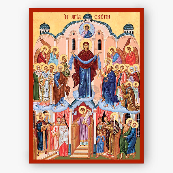 Holy Protection of the Theotokos icon depicted surrounded by Angels and Saints and St. Andrew of Crete in the bottom right corner on a beige background with a red border.