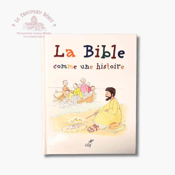 Book cover of 'La Bible comme une histoire' with illustrations of Jesus and children on a boat.