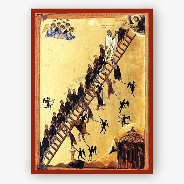 Artistic depiction of a ladder with figures on a beige background