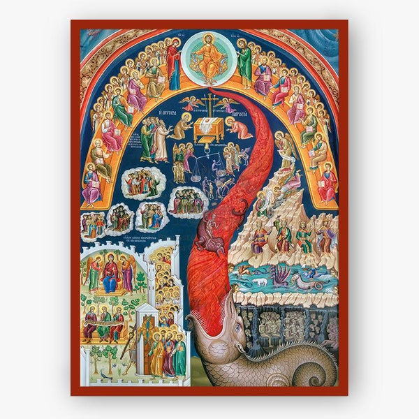 Decorative panel with religious iconography and a large snail, framed in red.