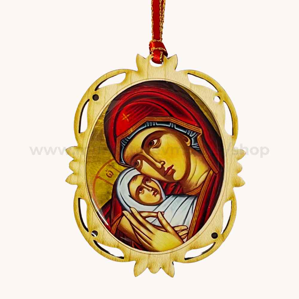 Decorative icon of the Virgin Mary holding Jesus in a wooden frame on a white background.