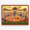Icon of the Last Supper with Jesus and disciples around a table, framed with decorative elements.