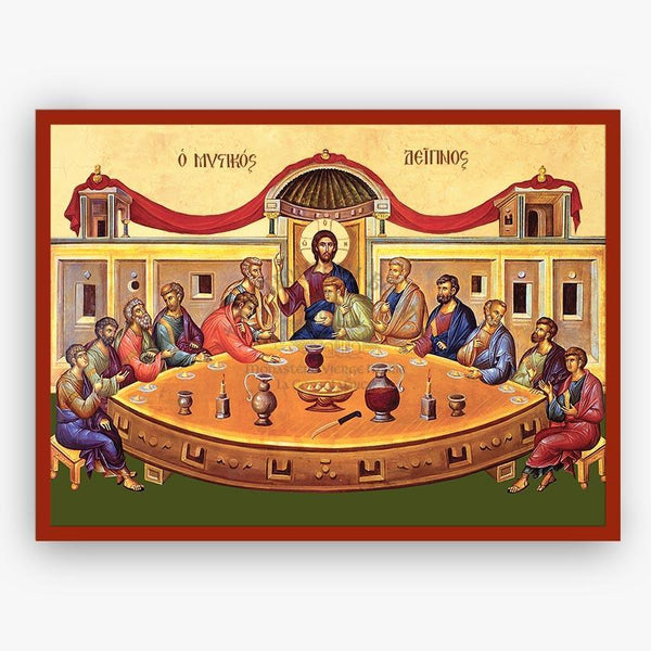 Iconic depiction of the Last Supper with Jesus and disciples around a table.