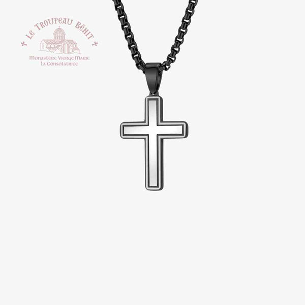 Black cross pendant necklace on a white background with Le Troupeau Benit logo.