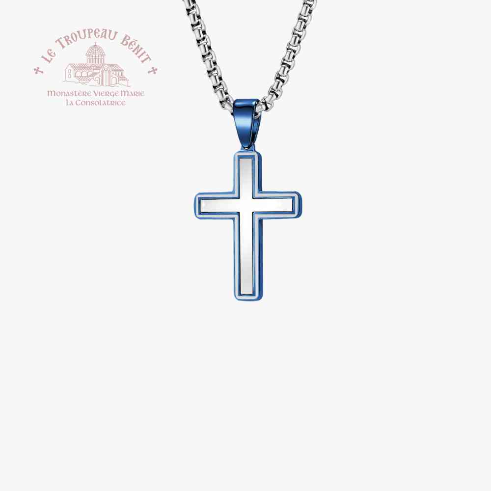 Blue cross pendant on a chain with 'Le Troupeau Benit' branding.