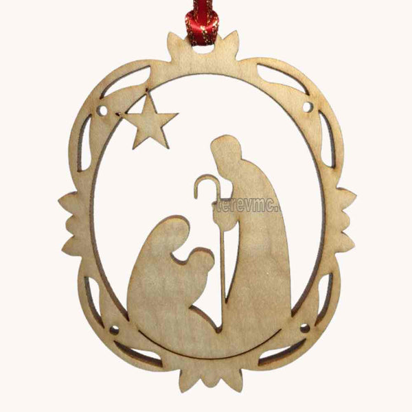 Wooden Christmas ornament with nativity scene and star design on a white background