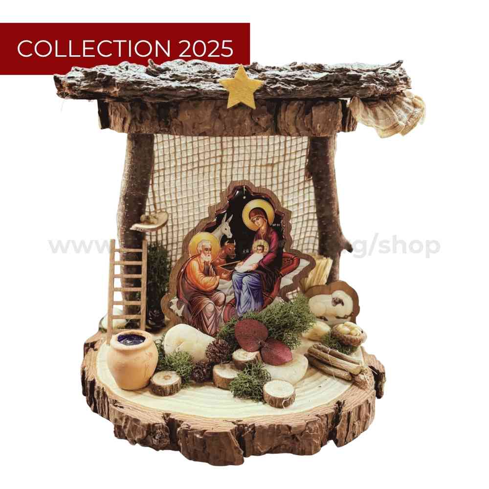 Decorative nativity scene handmade by the sisters with wooden architecture and star, featuring 'Collection 2025' text.