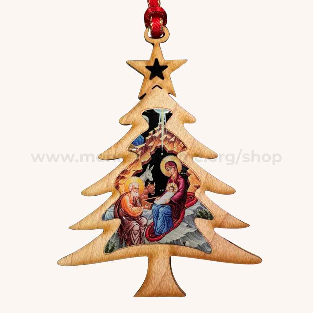Wooden Christmas tree ornament with nativity scene and star on top