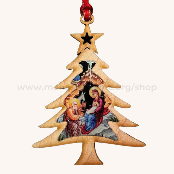 Wooden Christmas tree ornament with nativity scene and star on top