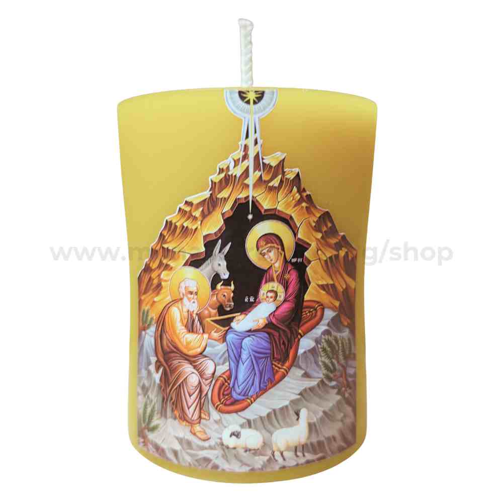 Nativity of Christ beeswax pillar candle handmade and sold by the sisters of monasterevmc.org / Nativité du Christ, cierge en cire d'abeille faite à la main et vendue par les soeurs du monasterevmc.org