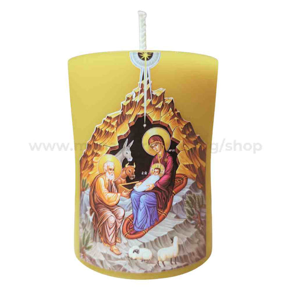 Nativity of Christ beeswax pillar candle handmade and sold by the sisters of monasterevmc.org / Nativité du Christ, cierge en cire d'abeille faite à la main et vendue par les soeurs du monasterevmc.org