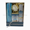 Gift set with bath items including a blue towel, soap bar, and lotion in a box.